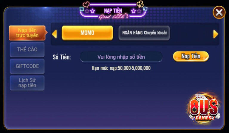 Nạp rút tiền 8US Club trên 8US Games Tài xỉu xanh chín 2023 1 nap tien 8us 8US.Bet