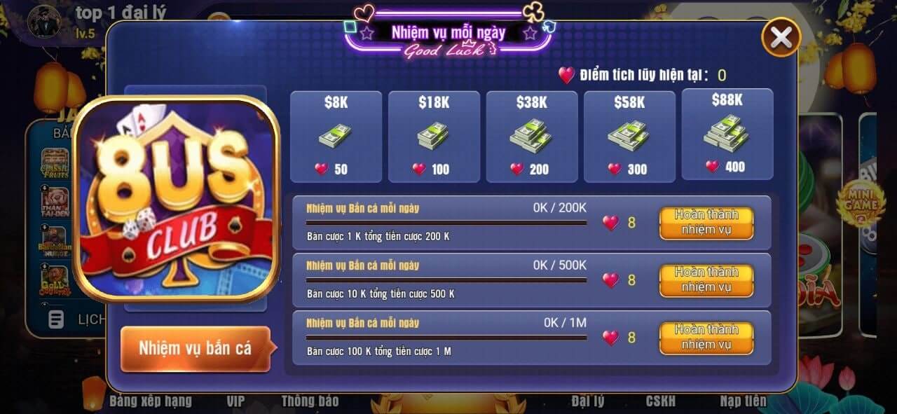 Nhiệm vụ nhận thưởng mỗi ngày tại 8US Games 2 Nhiệm vụ nhận thưởng