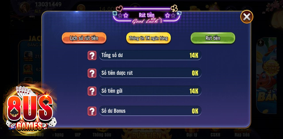 Nạp rút tiền 8US Club trên 8US Games Tài xỉu xanh chín 2023 2 rut tien 8us games vip club 8US.Bet